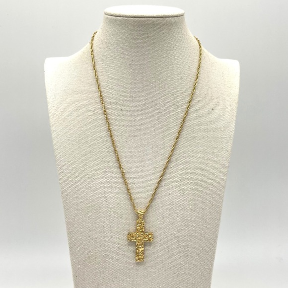 Gold Textured Cross Pendant Necklace Religious Jewelry Minimalist Chain - Picture 1 of 7
